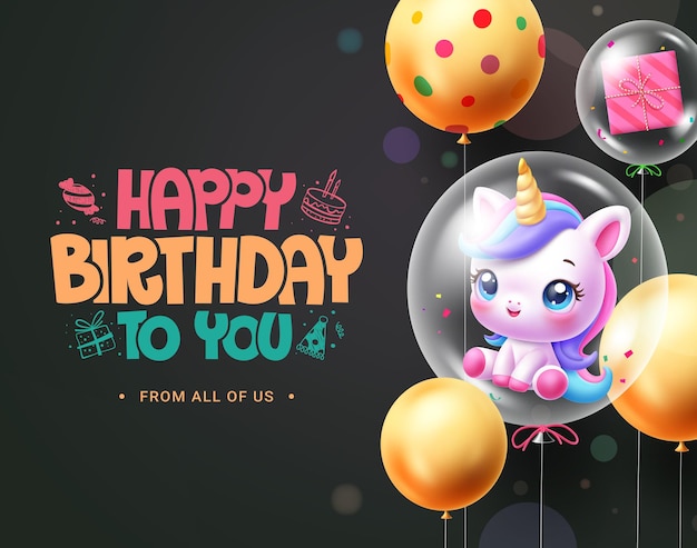 Diseño de plantillas vectoriales de felicitaciones de cumpleaños Texto de felicitación de aniversario con carácter de unicornio