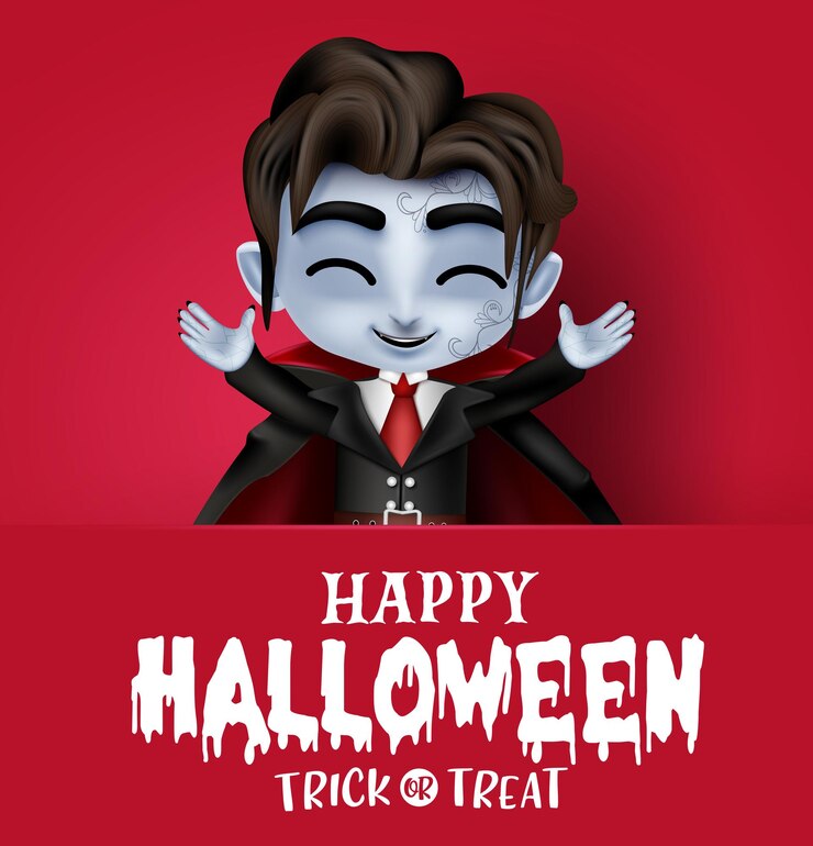 Vector diseño de plantillas vectoriales de personajes de halloween feliz texto de felicitación de halloween en espacio rojo
