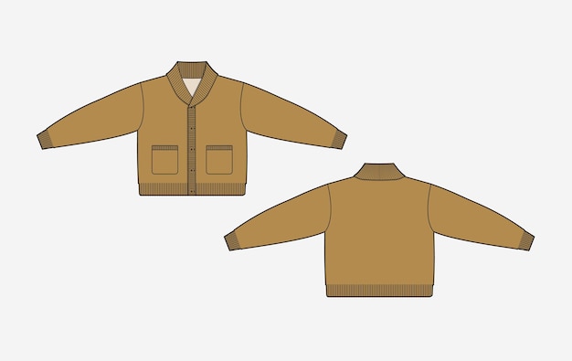 Diseño de plantillas vectoriales de suéter de cardigan dibujo técnico diseño de ilustración de vista delantera y trasera