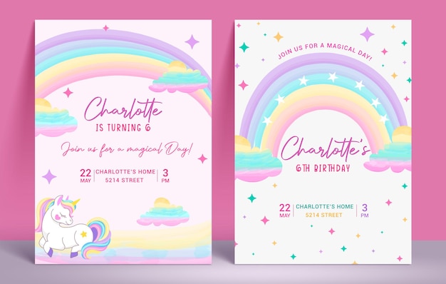 Diseño de plantillas vectoriales de tarjetas de invitación mágicas de cumpleaños Invitación a la fiesta de la niña con fantasía