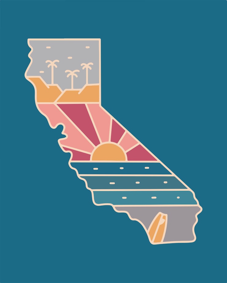 Vector diseño de playa de verano en california mapa ilustración de línea mono para diseño de insignia de pegatina de camiseta