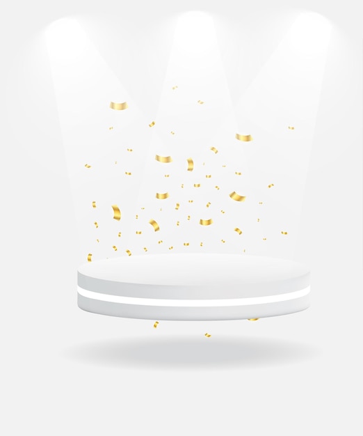 Diseño de podio de color blanco y dorado con cinta sobre fondo gris Vector de exhibición de productos