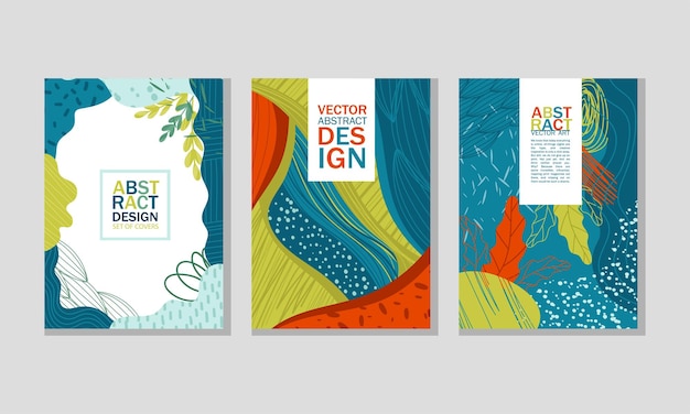 Diseño de portada abstracto con formas creativas y conjunto vectorial de hojas florales