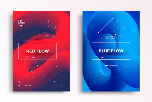 Diseño de portada con composición de formas de flujo de color rojo y azul. pósters con forma fluida de degradados 3d.