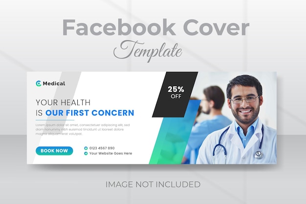 Diseño de portada de facebook o banner web de atención médica con forma geométrica