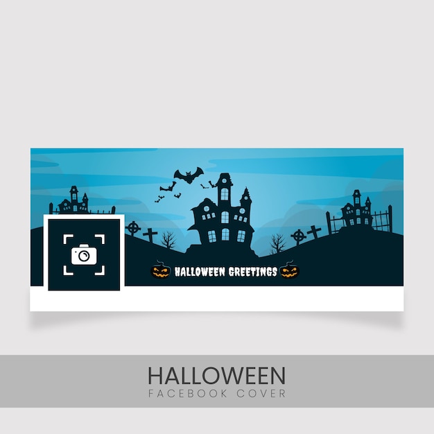 Diseño de portada de facebook de saludos de halloween con casa embrujada