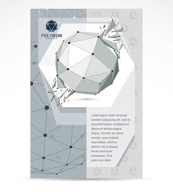 Diseño de portada de folleto de empresa de tecnologías web. Objeto de malla en escala de grises abstracto de origami 3d, elemento de diseño abstracto vectorial con fracturas rotas.