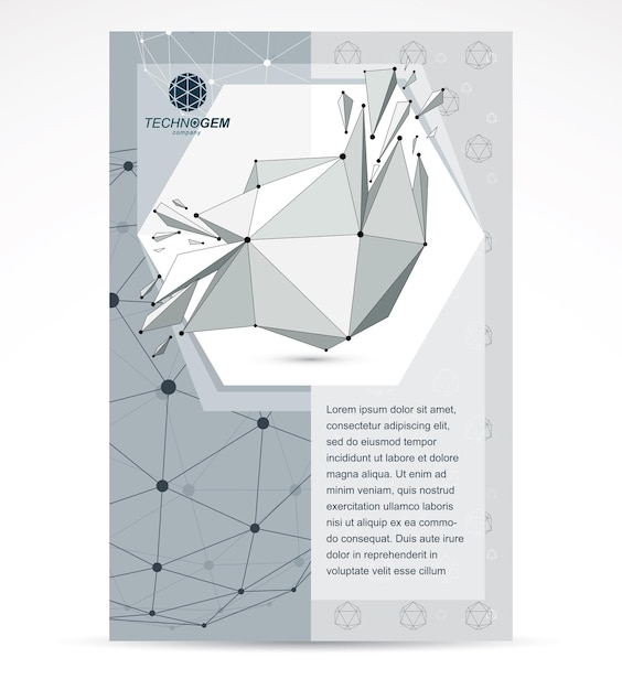 Diseño de portada de folleto de empresa de tecnologías web. Objeto de malla en escala de grises abstracto de origami 3d, elemento de diseño abstracto vectorial con fracturas rotas.