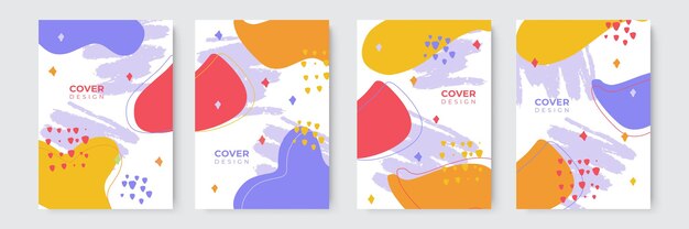 Diseño de portada con fruta, línea, círculo, patrón de arco iris. Flores creativas dibujadas a mano. Fondo artístico colorido. Se puede utilizar para invitación, tarjeta, libro de tapa, cuaderno. Ilustración vectorial