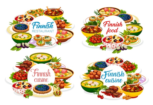 Vector diseño de portada de menú de cocina de restaurante finlandés con platos y comidas de finlandia, vector. comida de menú de cocina finlandesa con estofado de carne y albóndigas, sopa de salmón y pescado y tarta de arándanos con papilla de arroz