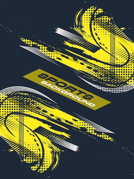 Diseño de portada o cartel deportivo con pinceladas amarillas y efecto de medio tono en fondo azul Abstracto Grunge Fondo deportivo