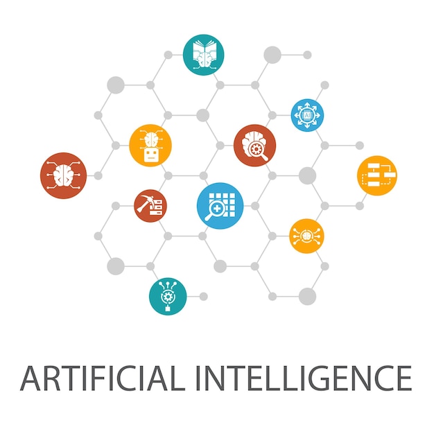 Diseño de portada de plantilla de presentación de inteligencia artificial e infografías Algoritmo de aprendizaje automático Aprendizaje profundo Iconos de redes neuronales