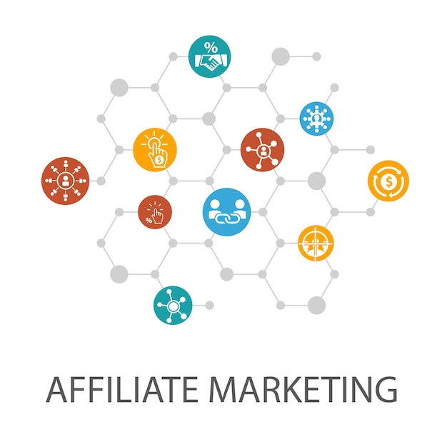 Diseño de portada de plantilla de presentación de marketing de afiliados e infografías Iconos de costo de conversión de comisión de enlace de afiliado por clic
