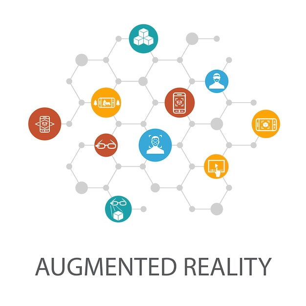 Diseño de portada de plantilla de presentación de realidad aumentada e infografía Reconocimiento facial Aplicación AR Juego AR Iconos de realidad virtual