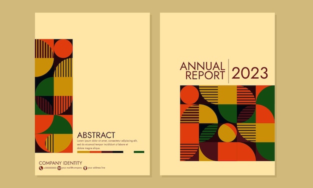 Diseño de portada retro Bauhaus. Círculo de patrón geométrico suizo abstracto moderno informe anual plantillas