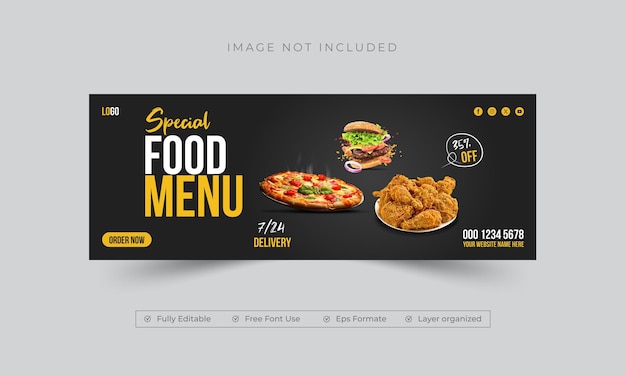 Vector diseño de portadas de menús de alimentos y plantilla de banner de portada de promoción de redes sociales de restaurantes