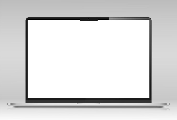 Vector diseño de portátil realista con carcasa plateada y portátil de pantalla blanca con reflejo en un fondo degradado gris