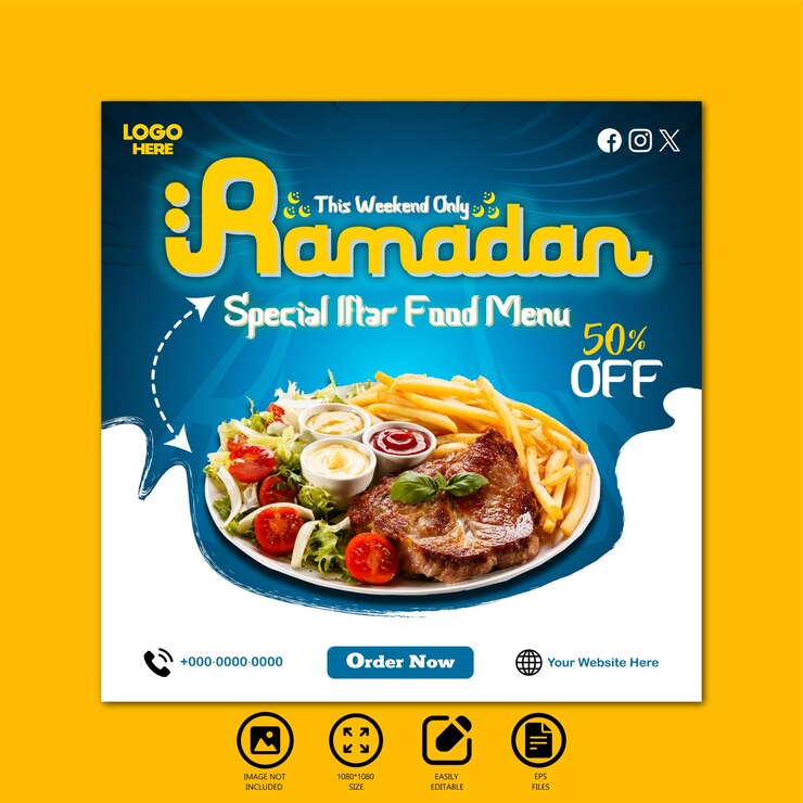 Diseño de post de comida del menú de iftar de Ramadán y plantilla de banner de redes sociales