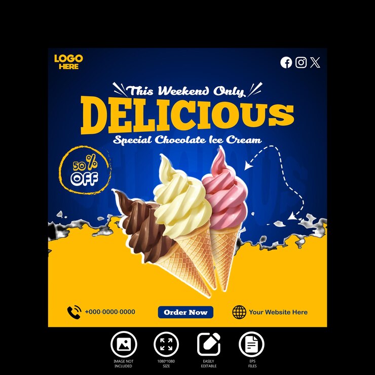 diseño de post de venta de helados y plantilla de banner de redes sociales