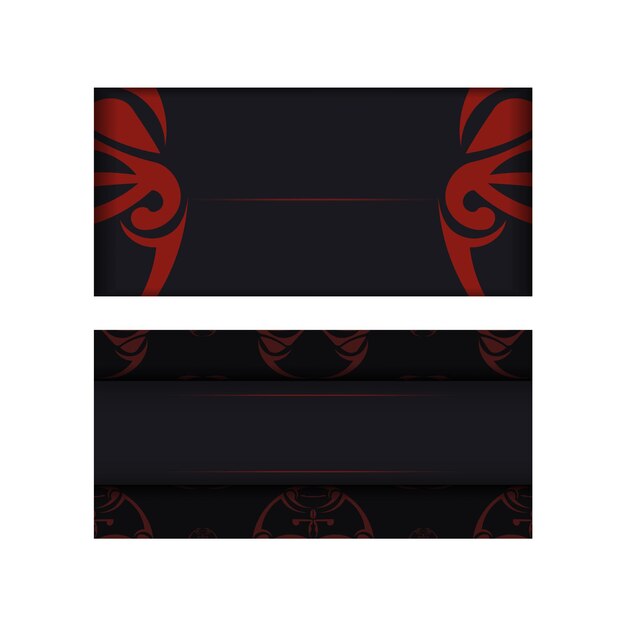Diseño de postal de color negro listo para imprimir de vector de lujo con patrones de máscara de dioses. Plantilla de invitación con un lugar para su texto y una cara en adornos de estilo polizenian.