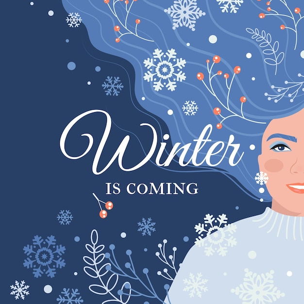 Diseño de postal con una joven hermosa chica de cabello azul y la inscripción Winter is coming.