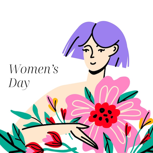 Vector diseño de postales para el día de la mujer mujer feliz rodeada de flores audaces feminismo y concepto de amor propio