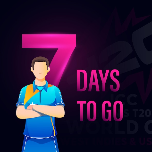 Vector diseño de póster basado en el partido de cricket t20 7 day to go con personaje de jugador de cricket indio sin rostro en un fondo oscuro