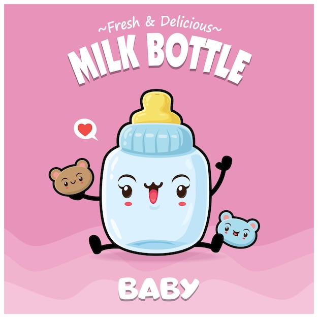 Diseño de póster de bebé vintage con personaje de botella de leche vectorial