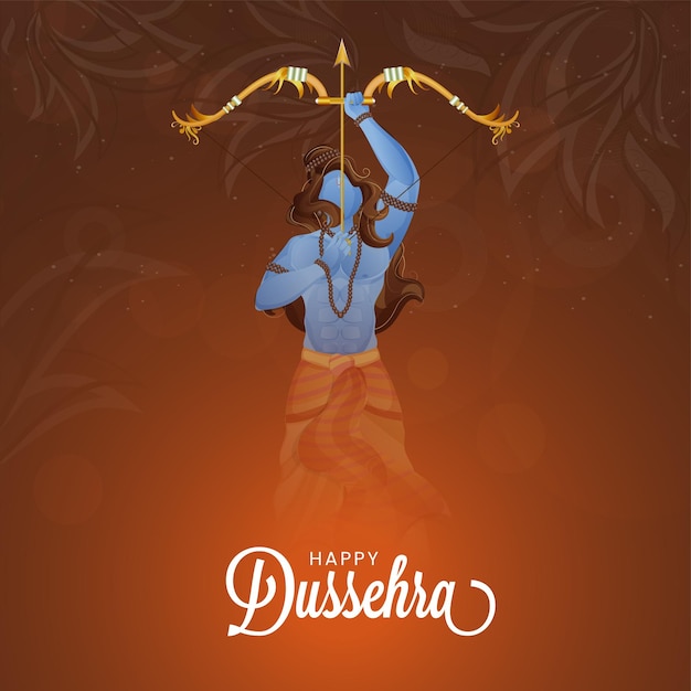 Diseño de póster de celebración feliz de Dussehra con la mitología hindú Señor Rama sosteniendo arco y flecha contra un fondo marrón quemado