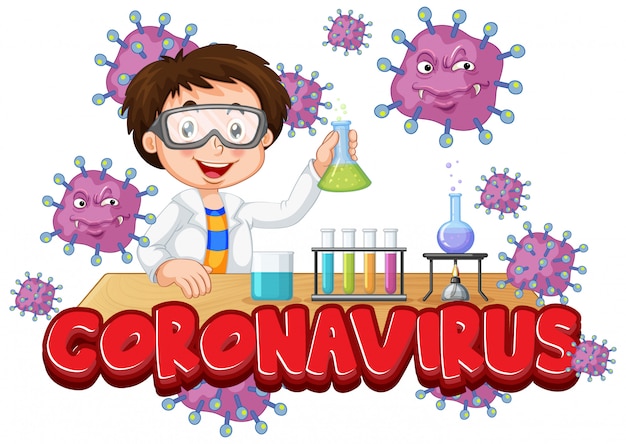 Diseño de póster de coronavirus con niño trabajando en laboratorio