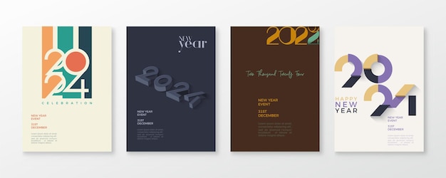 Diseño de póster de feliz año nuevo 2024 con una elección de varios colores clásicos Diseño vectorial de números premium para la celebración del feliz año nuevo 2024.