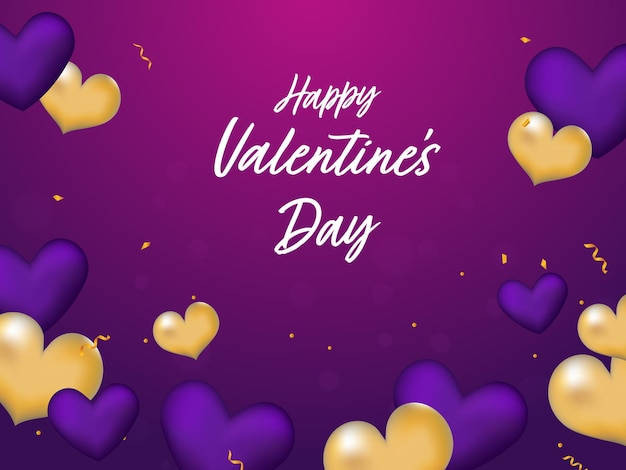 Diseño de póster de Feliz Día de San Valentín con decoración de corazones púrpuras y amarillas 3D brillantes