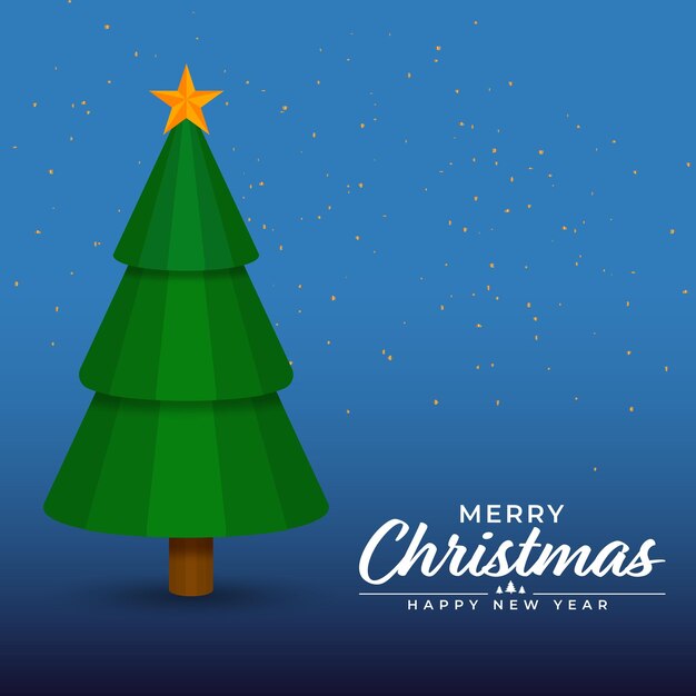 Diseño de póster de Feliz Navidad Feliz Año Nuevo con árbol de Navidad cortado en papel y confeti dorado en fondo azul