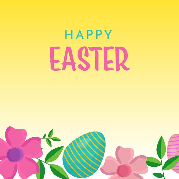 Diseño de póster de Feliz Pascua con huevos y flores decoradas sobre fondo amarillo