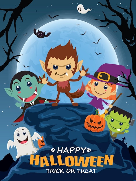 Diseño de póster de Halloween vintage con personaje vectorial de hombre lobo, vampiro, bruja, fantasma y murciélago