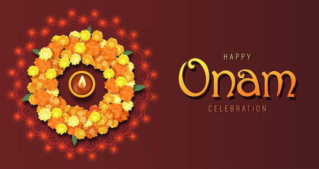 Diseño de póster de Happy Onam con Marigold Rangoli