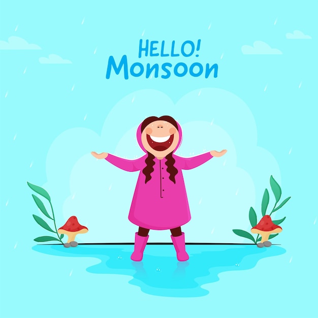 Diseño de póster de hello monsoon con una joven alegre que disfruta de la temporada de lluvias en un fondo cian