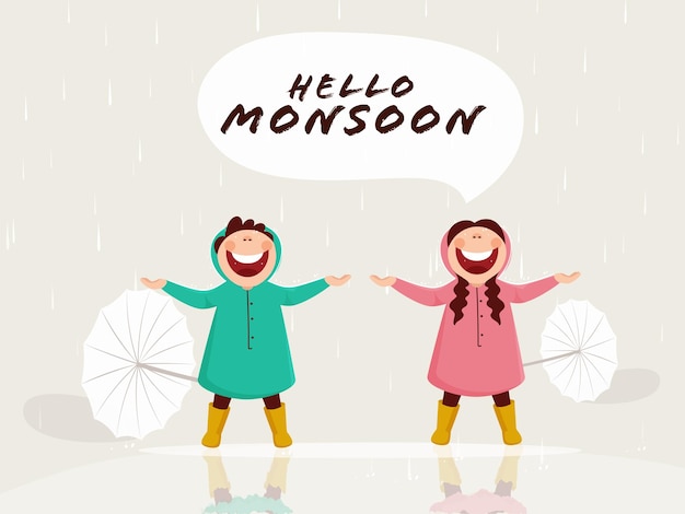 Diseño de póster de Hello Monsoon con niños alegres disfrutando de la lluvia y el paraguas sobre fondo gris