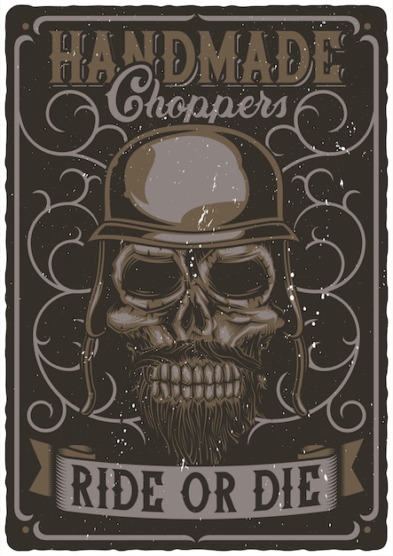 Diseño de póster con ilustración de calavera biker