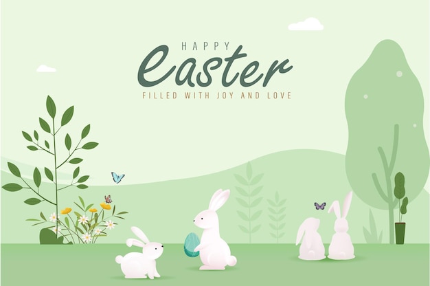 Diseño de póster de Pascua realista en 3D con huevos coloridos e ilustración vectorial de conejo