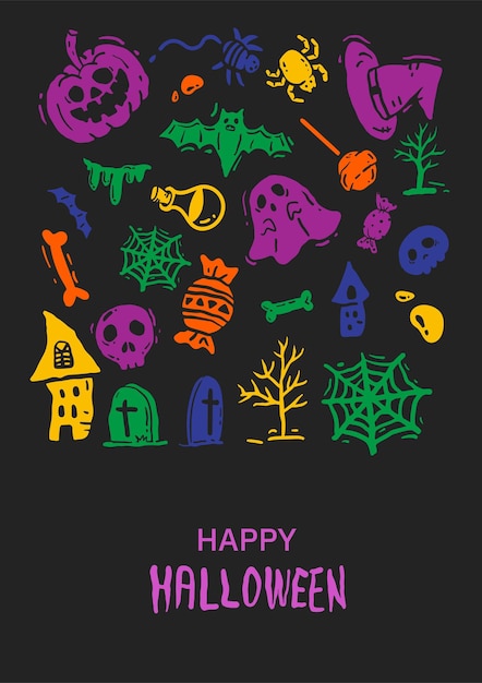 Diseño de póster de patrón de Halloween decorado con varios símbolos de Halloween.