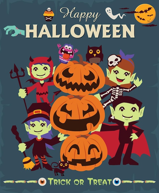 Diseño de póster de personajes de Halloween vintage con bruja, vampiro, esqueleto, demonio, búho