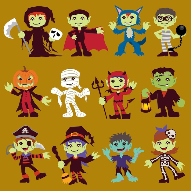 Diseño de póster de personajes de Halloween vintage con segador, vampiro, hombre lobo, prisionero, mumate 22cdr