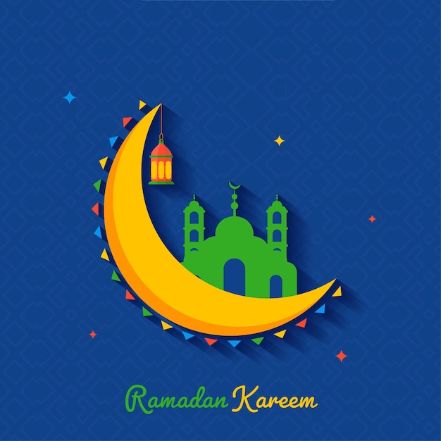 Diseño de póster de Ramadán Kareem con linterna árabe de luna creciente amarilla y mezquita sobre fondo de patrón islámico azul