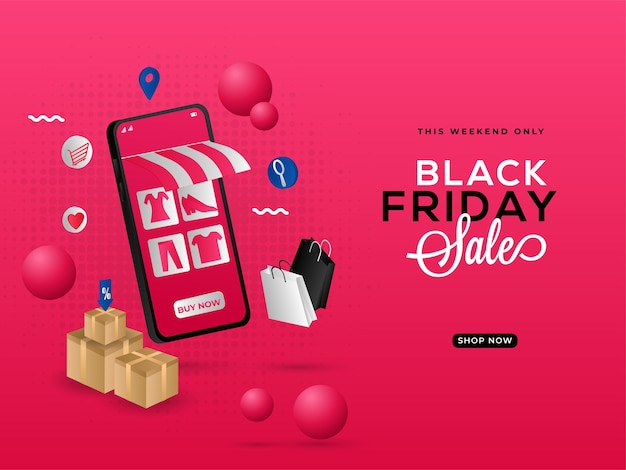 Vector diseño de póster de rebajas de black friday con e-shop en smartphone 3d