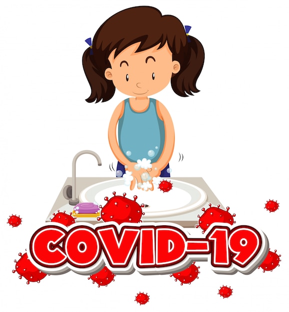 Diseño de póster para el tema del coronavirus con una niña que se lava las manos