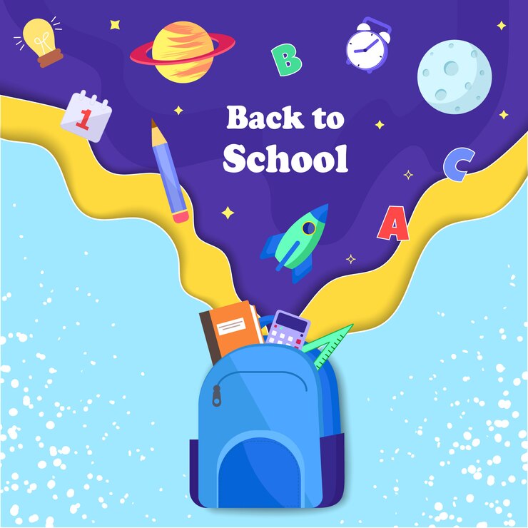 Diseño de póster de título de regreso a la escuela con artículos escolares