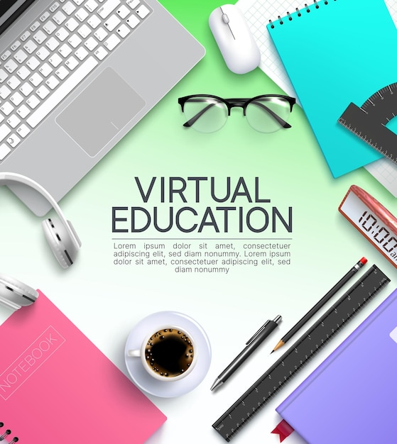 Diseño de póster de vector de aprendizaje virtual Texto de educación virtual con mouse de computadora portátil