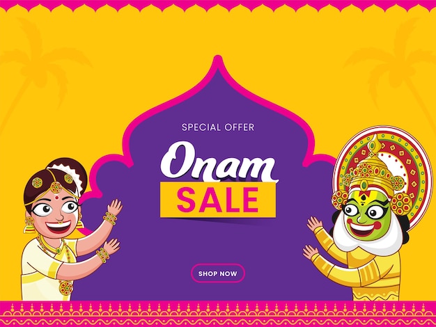 Diseño de póster de venta de onam con bailarina de kathakali personaje de mujer del sur de la india sobre fondo amarillo púrpura y cromo