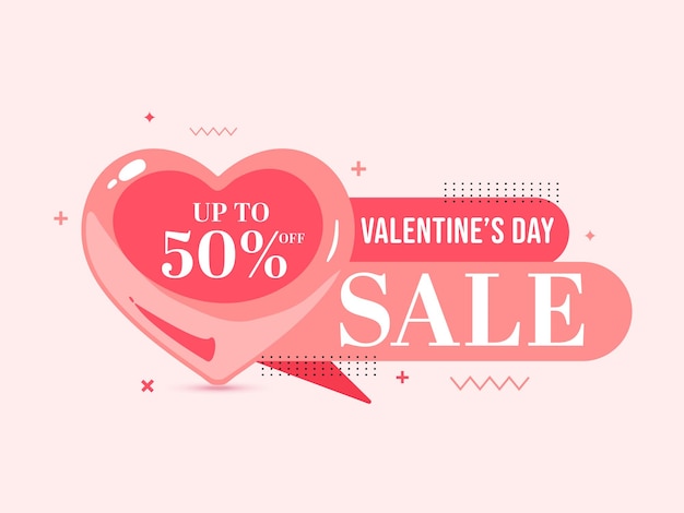 Diseño de póster de venta de San Valentín con oferta de 50% de descuento y corazón rojo sobre fondo rosa pastel.